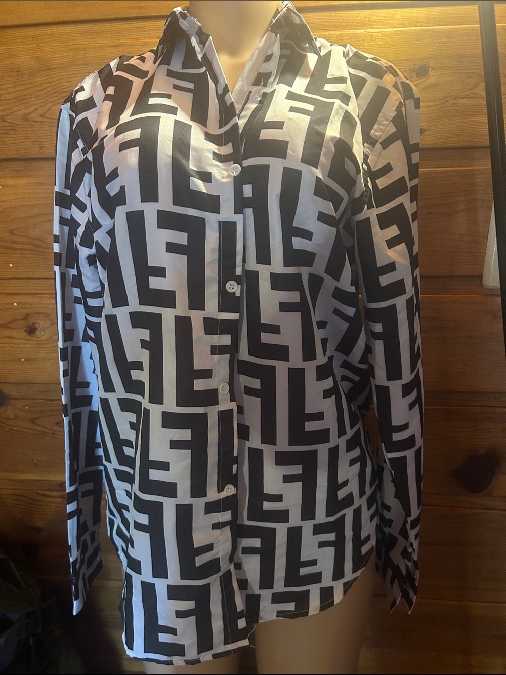 Black and White Graphic Button-Up Shirt runs small fits like 14w